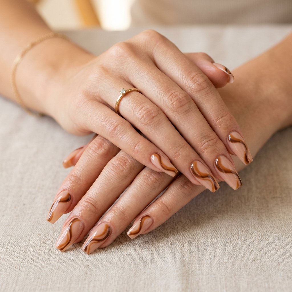 Brown Abstract Swirls Gel Nails
