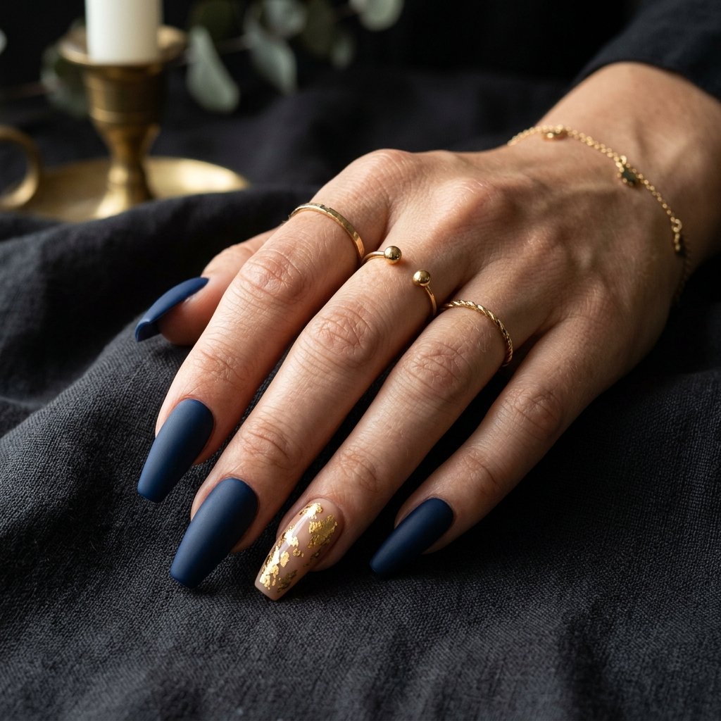 Matte Navy & Gold Leaf Coffin Nails