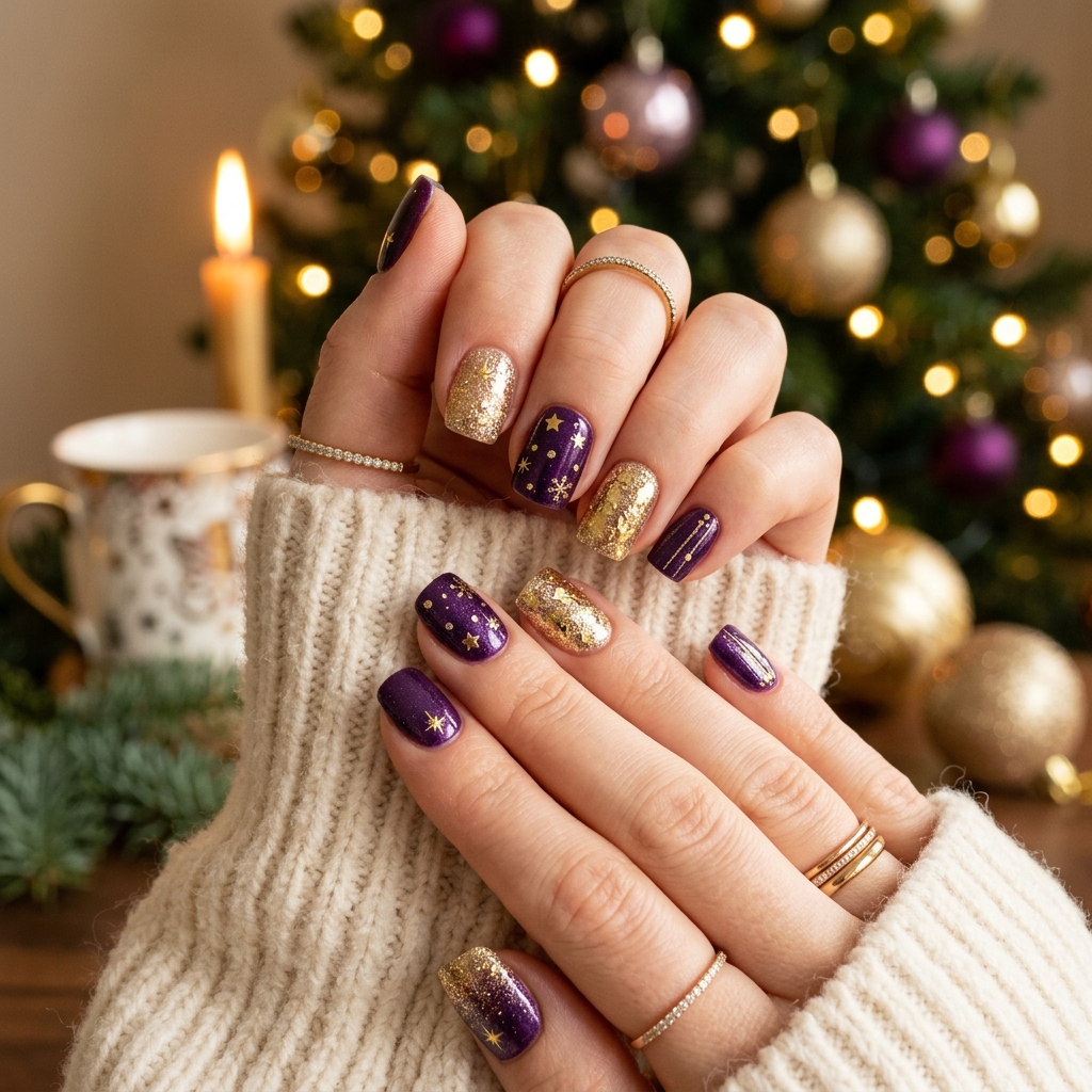 Festive Plum & Gold Glitter Nails