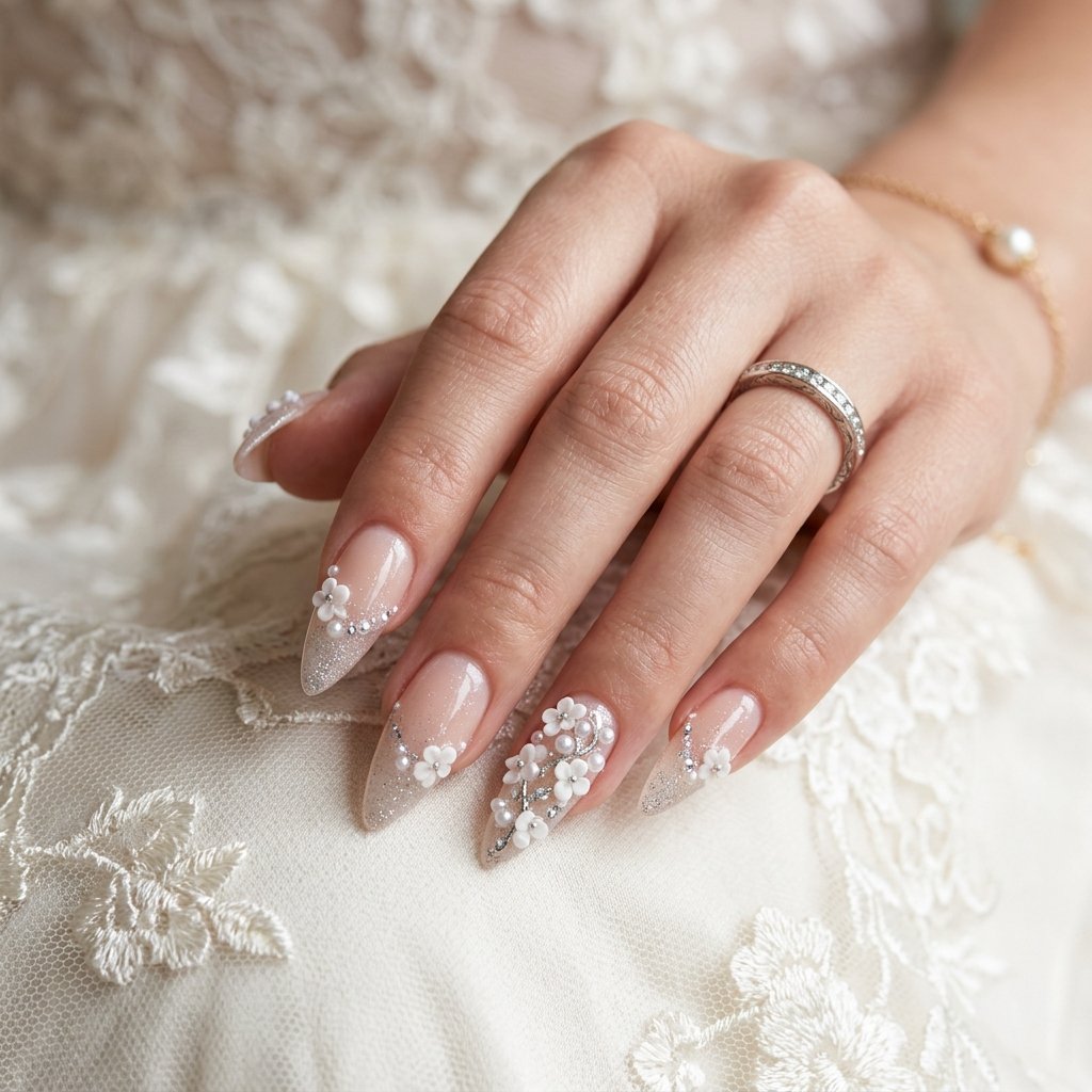 White Floral Gel Stiletto Nails